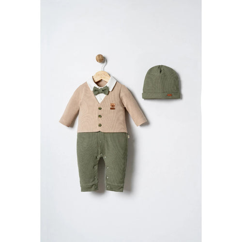 Set elegant për djem bebe bej jeshile me papion dhe kapelë